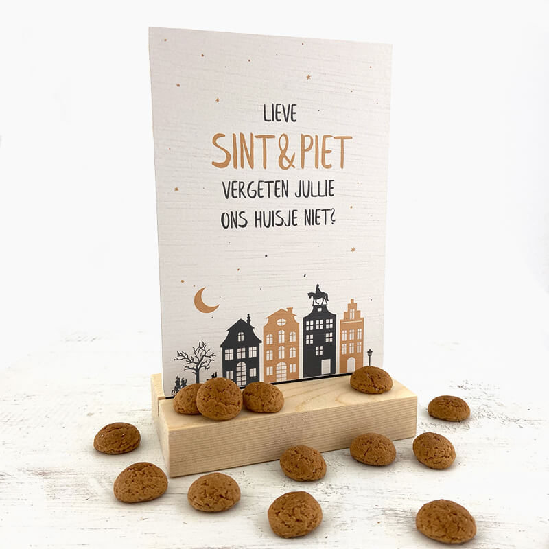 Sinterklaas houten decoratie kaart met houder met grachtenpandjes